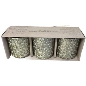 Votive Candle Holders Set 3 Silver Leaf Mosaic Glass Decor 3 1/2" X 3"